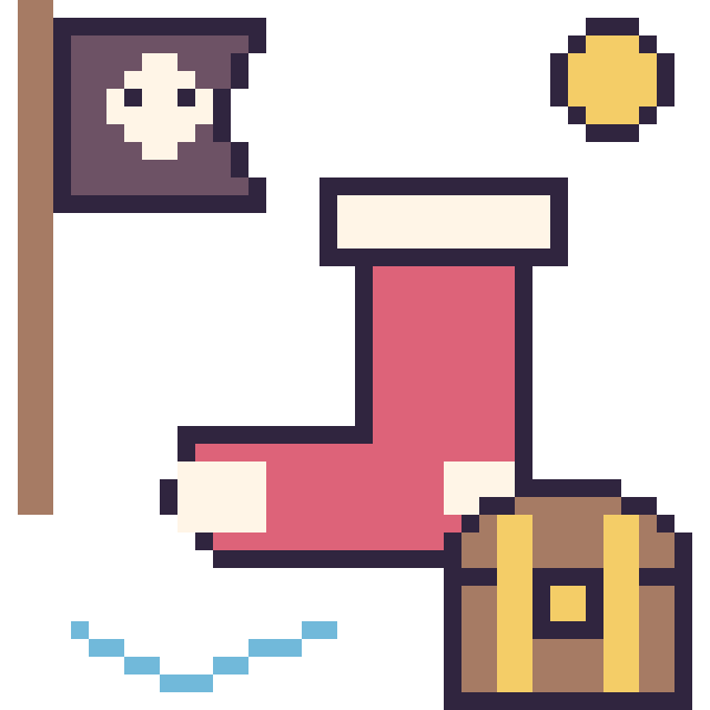 Modèle de pixel art Chaussette de Noël en aventure pirate sur une grille de 40 par 40 cases
