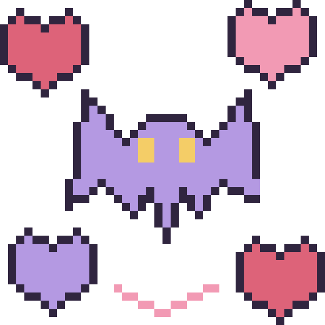 Modèle de pixel art Chauve-souris avec des cœurs sur une grille de 40 par 40 cases