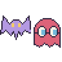 Pixel art Chauve-souris et Fantôme Pac-Man, grille 48 × 48