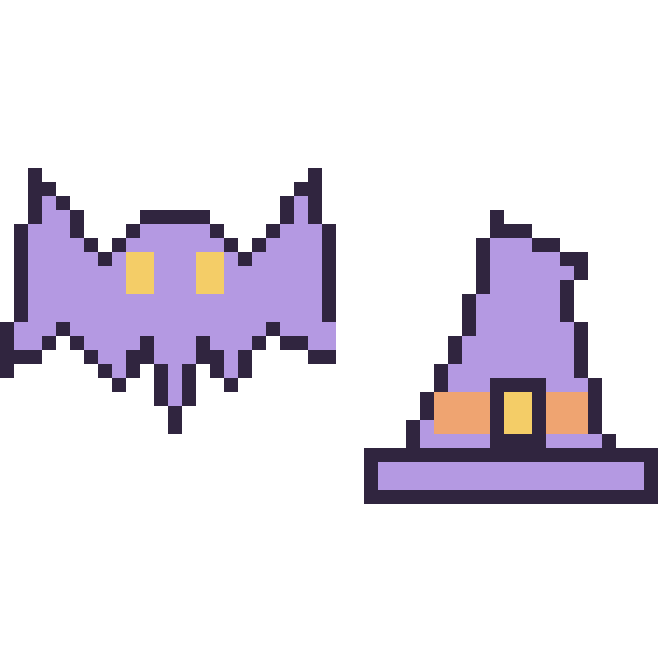 Modèle de pixel art Chauve-souris et Chapeau de sorcière pointu sur une grille de 48 par 48 cases