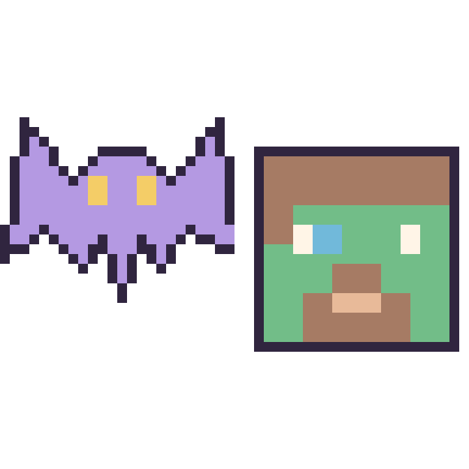 Modèle de pixel art Chauve-souris et Zombie Minecraft sur une grille de 48 par 48 cases