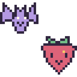 Pixel art Chauve-souris kawaii 16 × 16 et Fraise kawaii 16 × 16, grille 32 × 32