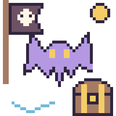 Pixel art Chauve-souris en aventure pirate, grille 40 × 40