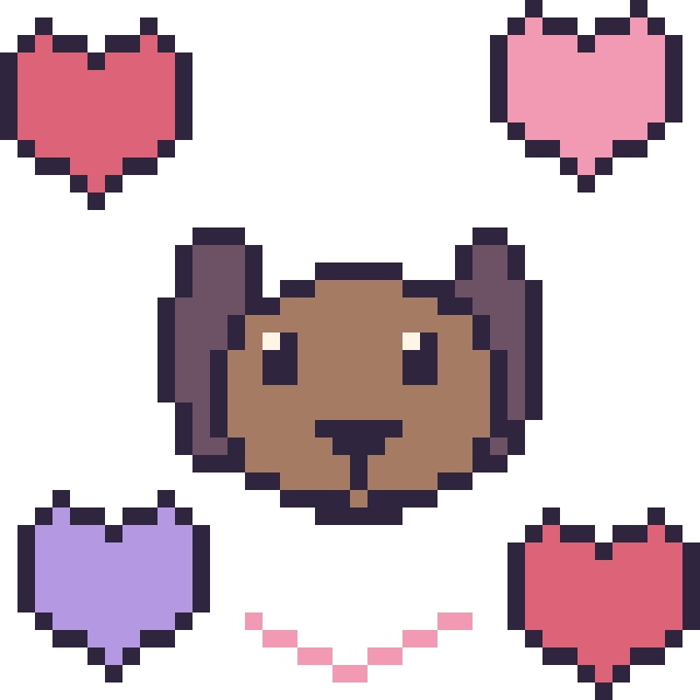 Modèle de pixel art Chien avec des cœurs sur une grille de 40 par 40 cases