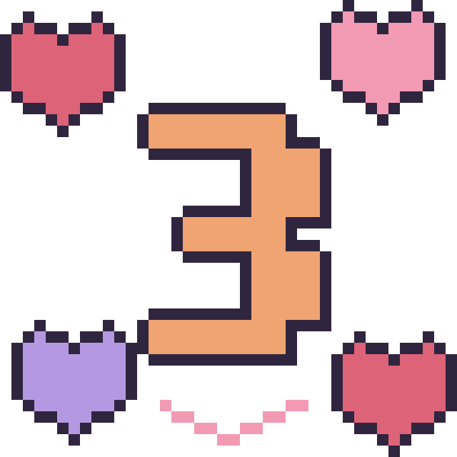 Modèle de pixel art Chiffre 3 avec des cœurs sur une grille de 40 par 40 cases