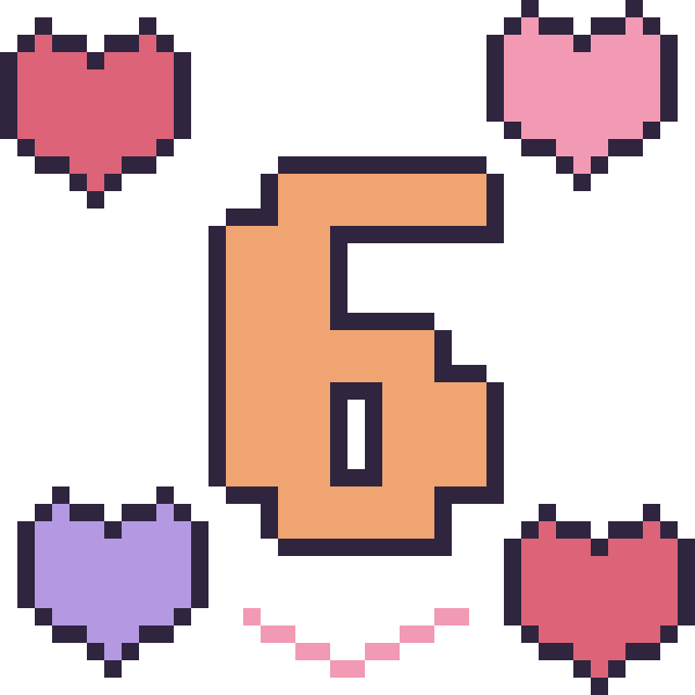 Modèle de pixel art Chiffre 6 avec des cœurs sur une grille de 40 par 40 cases