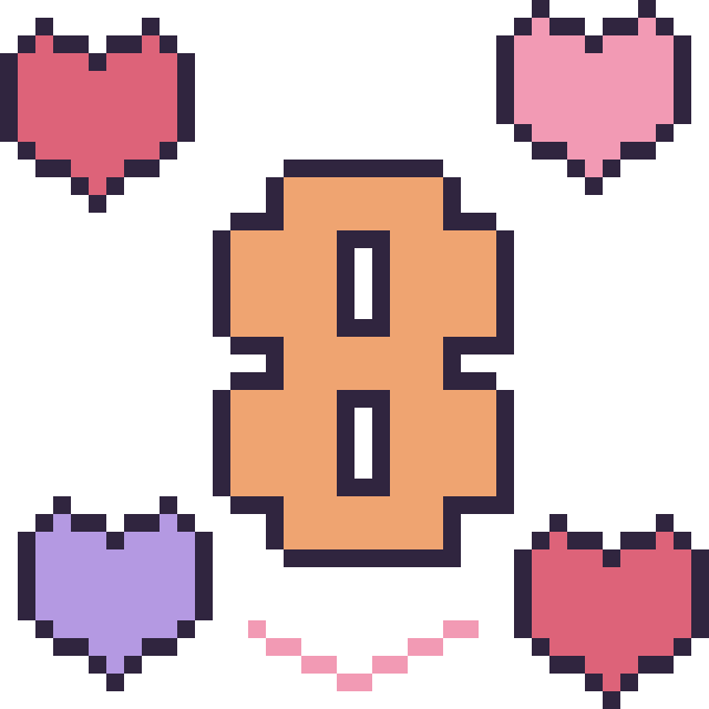 Modèle de pixel art Chiffre 8 avec des cœurs sur une grille de 40 par 40 cases