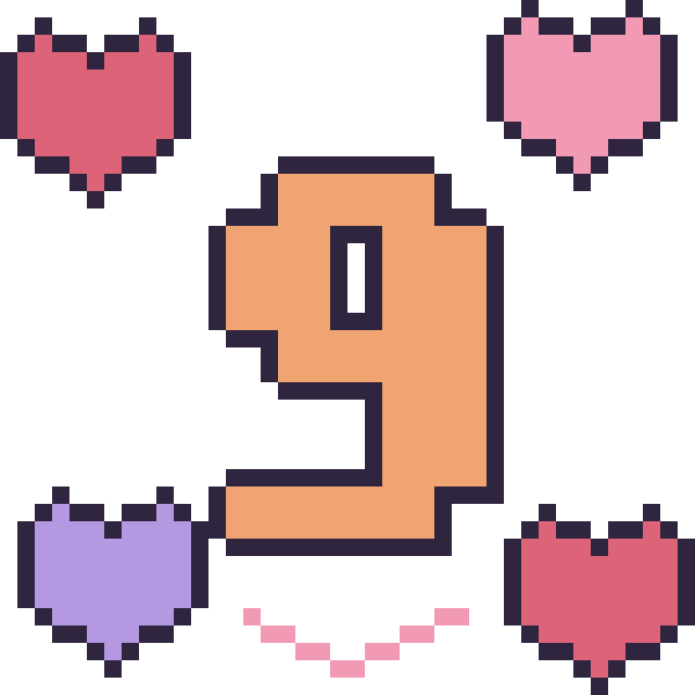 Modèle de pixel art Chiffre 9 avec des cœurs sur une grille de 40 par 40 cases