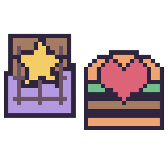 Modèle de pixel art Chocolat avec une étoile et Burger avec un cœur sur une grille de 40 par 40 cases
