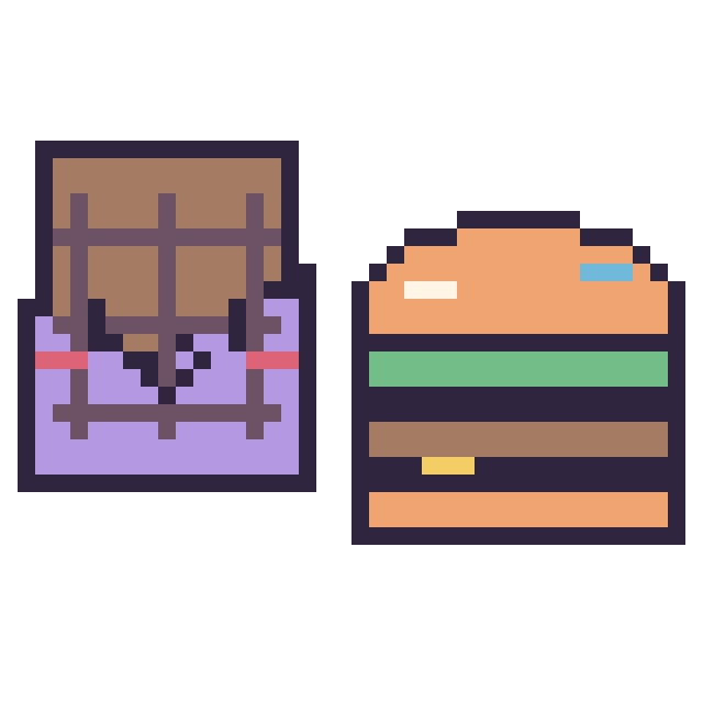 Modèle de pixel art Chocolat kawaii et Burger décoré sur une grille de 40 par 40 cases