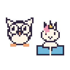 Pixel art Chouette et Licorne avec un livre, grille 48 × 48