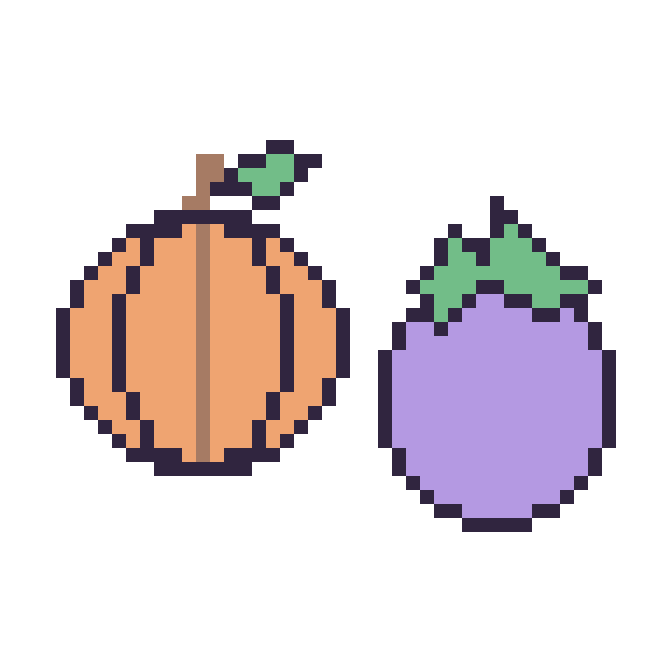 Modèle de pixel art Citrouille et Aubergine sur une grille de 48 par 48 cases