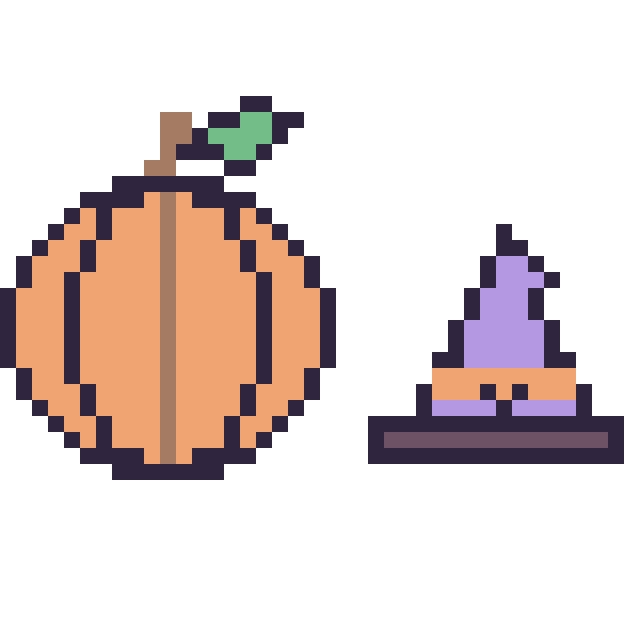 Modèle de pixel art Citrouille et Chapeau de sorcière kawaii 16 × 16 sur une grille de 40 par 40 cases
