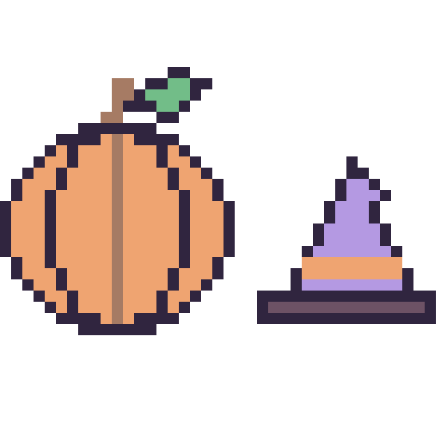 Modèle de pixel art Citrouille et Chapeau de sorcière simple 16 × 16 sur une grille de 40 par 40 cases