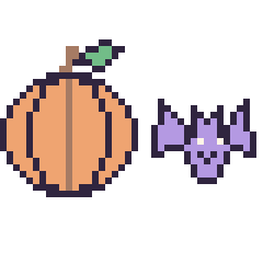 Pixel art Citrouille et Chauve-souris kawaii 16 × 16, grille 40 × 40
