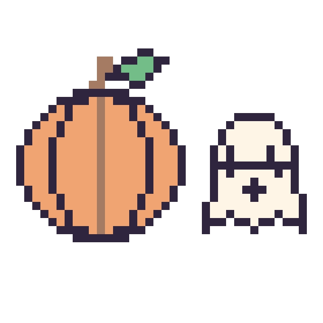 Modèle de pixel art Citrouille et Fantôme kawaii 16 × 16 sur une grille de 40 par 40 cases