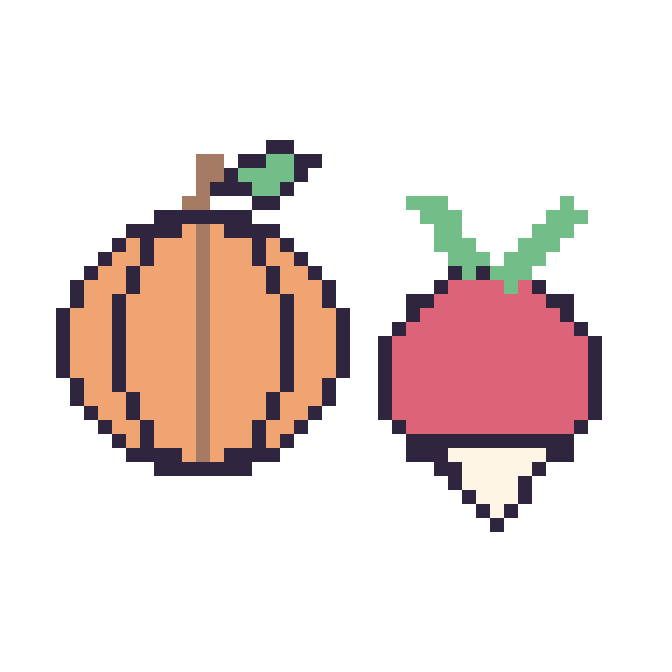 Modèle de pixel art Citrouille et Radis sur une grille de 48 par 48 cases