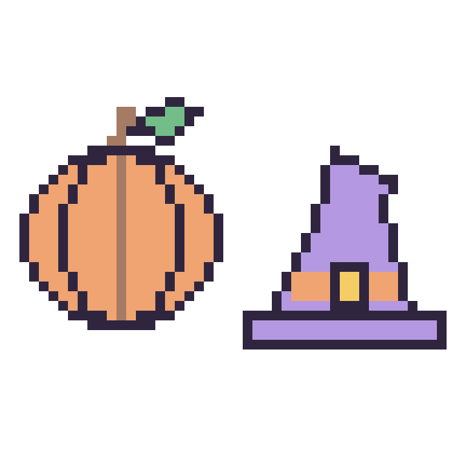 Modèle de pixel art Citrouille et Chapeau de sorcière pointu sur une grille de 48 par 48 cases