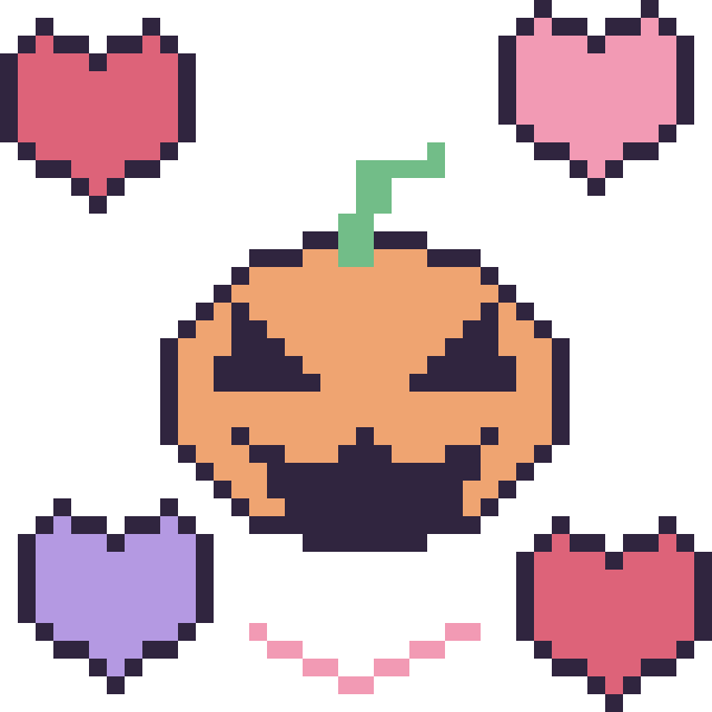 Modèle de pixel art Citrouille d'Halloween avec des cœurs sur une grille de 40 par 40 cases