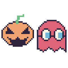 Pixel art Citrouille d'Halloween et Fantôme Pac-Man, grille 48 × 48