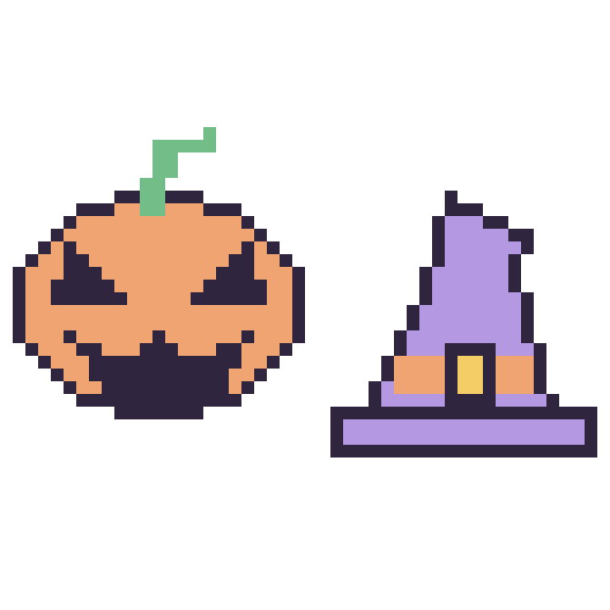 Modèle de pixel art Citrouille d'Halloween et Chapeau de sorcière pointu sur une grille de 48 par 48 cases