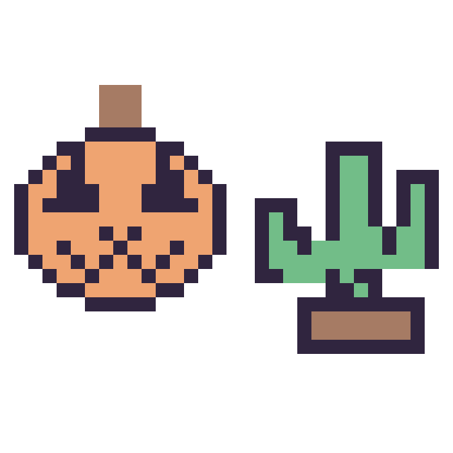 Modèle de pixel art Citrouille d'Halloween kawaii 16 × 16 et Cactus kawaii 16 × 16 sur une grille de 32 par 32 cases