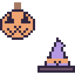 Pixel art Citrouille d'Halloween kawaii 16 × 16 et Chapeau de sorcière kawaii 16 × 16, grille 32 × 32