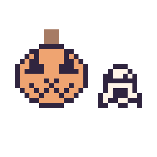 Modèle de pixel art Citrouille d'Halloween kawaii 16 × 16 et Fantôme simple 10 × 10 sur une grille de 32 par 32 cases