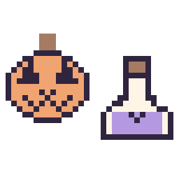 Pixel art Citrouille d'Halloween kawaii 16 × 16 et Potion kawaii 16 × 16, grille 32 × 32