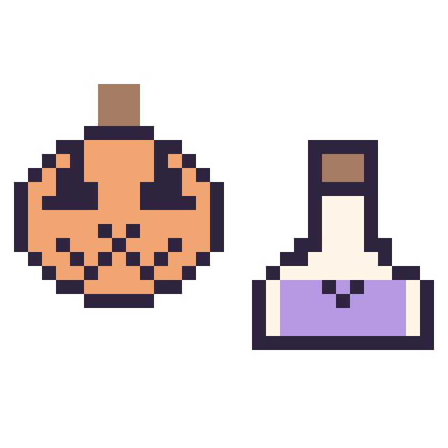 Modèle de pixel art Citrouille d'Halloween kawaii 16 × 16 et Potion kawaii 16 × 16 sur une grille de 32 par 32 cases