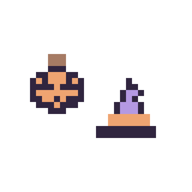 Modèle de pixel art Citrouille d'Halloween simple 10 × 10 et Chapeau de sorcière simple 10 × 10 sur une grille de 32 par 32 cases