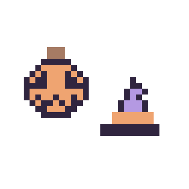 Modèle de pixel art Citrouille d'Halloween simple 12 × 12 et Chapeau de sorcière simple 10 × 10 sur une grille de 32 par 32 cases