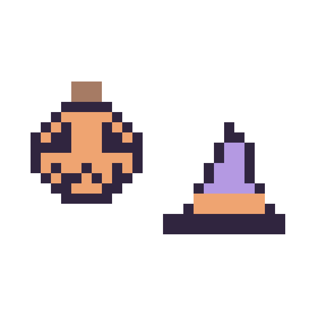 Modèle de pixel art Citrouille d'Halloween simple 12 × 12 et Chapeau de sorcière simple 12 × 12 sur une grille de 32 par 32 cases