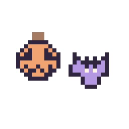 Pixel art Citrouille d'Halloween simple 12 × 12 et Chauve-souris simple 10 × 10, grille 32 × 32