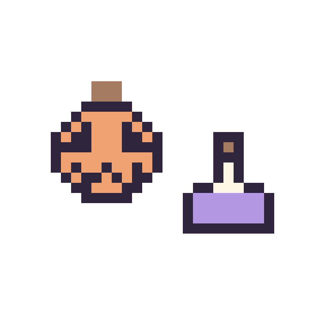Modèle de pixel art Citrouille d'Halloween simple 12 × 12 et Potion simple 10 × 10 sur une grille de 32 par 32 cases