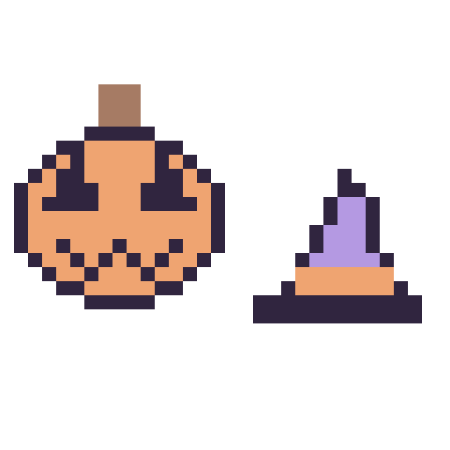 Modèle de pixel art Citrouille d'Halloween simple 16 × 16 et Chapeau de sorcière simple 12 × 12 sur une grille de 32 par 32 cases