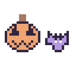 Pixel art Citrouille d'Halloween simple 16 × 16 et Chauve-souris simple 10 × 10, grille 32 × 32