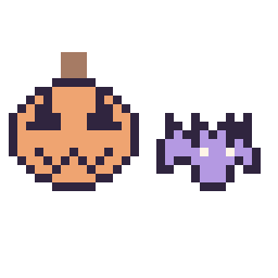 Pixel art Citrouille d'Halloween simple 16 × 16 et Chauve-souris simple 12 × 12, grille 32 × 32