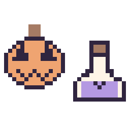 Pixel art Citrouille d'Halloween simple 16 × 16 et Potion kawaii 16 × 16, grille 32 × 32