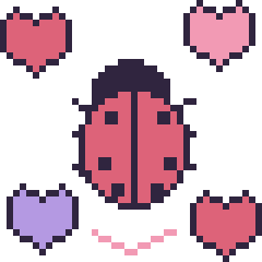 Pixel art Coccinelle avec des cœurs, grille 40 × 40