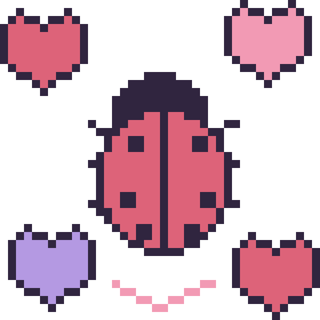 Modèle de pixel art Coccinelle avec des cœurs sur une grille de 40 par 40 cases