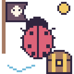 Pixel art Coccinelle en aventure pirate, grille 40 × 40