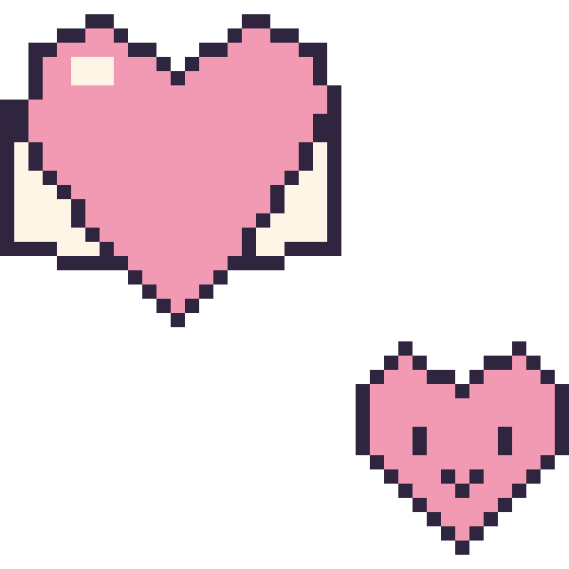 Modèle de pixel art Cœur ailé et Cœur kawaii 16 × 16 sur une grille de 40 par 40 cases