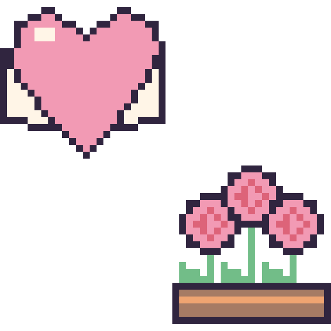 Modèle de pixel art Cœur ailé et Rose en jardinière sur une grille de 48 par 48 cases