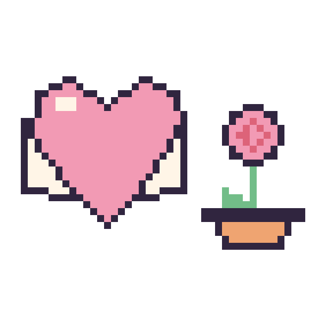 Modèle de pixel art Cœur ailé et Rose en pot sur une grille de 48 par 48 cases
