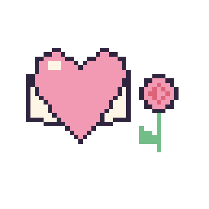 Modèle de pixel art Cœur ailé et Rose tige fleurie sur une grille de 48 par 48 cases