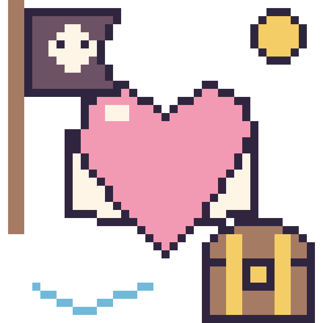 Modèle de pixel art Cœur ailé en aventure pirate sur une grille de 40 par 40 cases