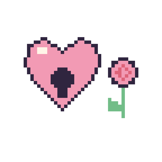 Modèle de pixel art Cœur cadenas et Rose tige fleurie sur une grille de 48 par 48 cases