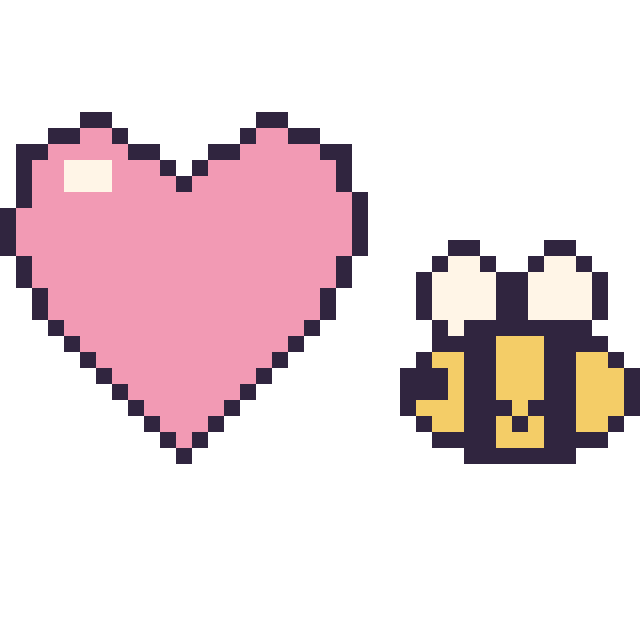Modèle de pixel art Cœur et Abeille kawaii 16 × 16 sur une grille de 40 par 40 cases