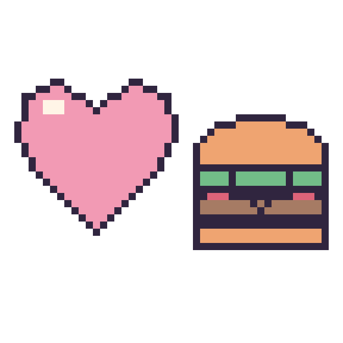 Modèle de pixel art Cœur et Burger kawaii sur une grille de 48 par 48 cases